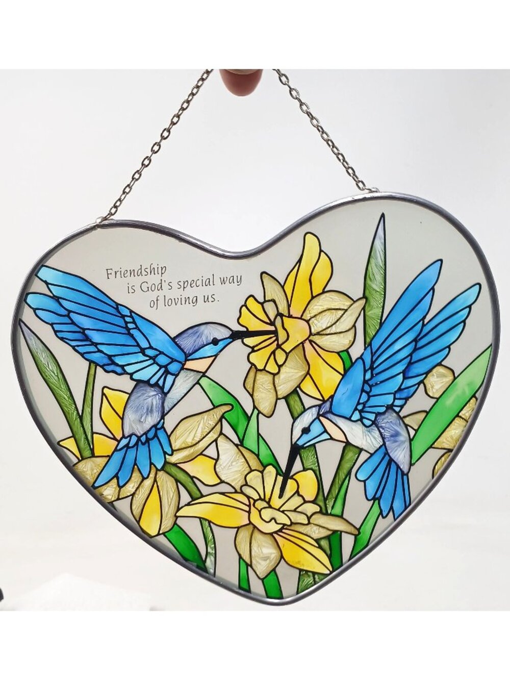 Inspirational Heart Shaped Stained Glass Suncatcher Hummingbirds Daffodil 7" WS2
